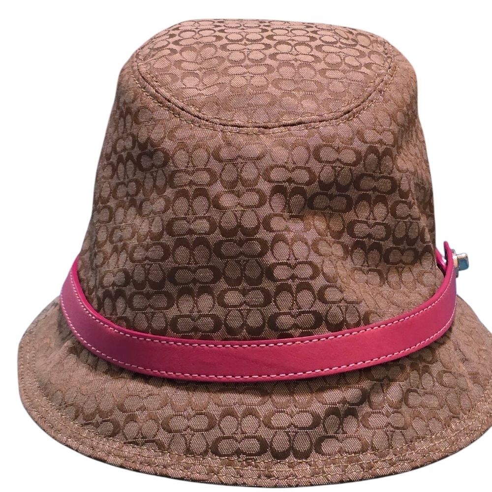 Coach Womans Signature C Bucket Hat in Khaki With Pink Leather Trim - Picture 2 of 14